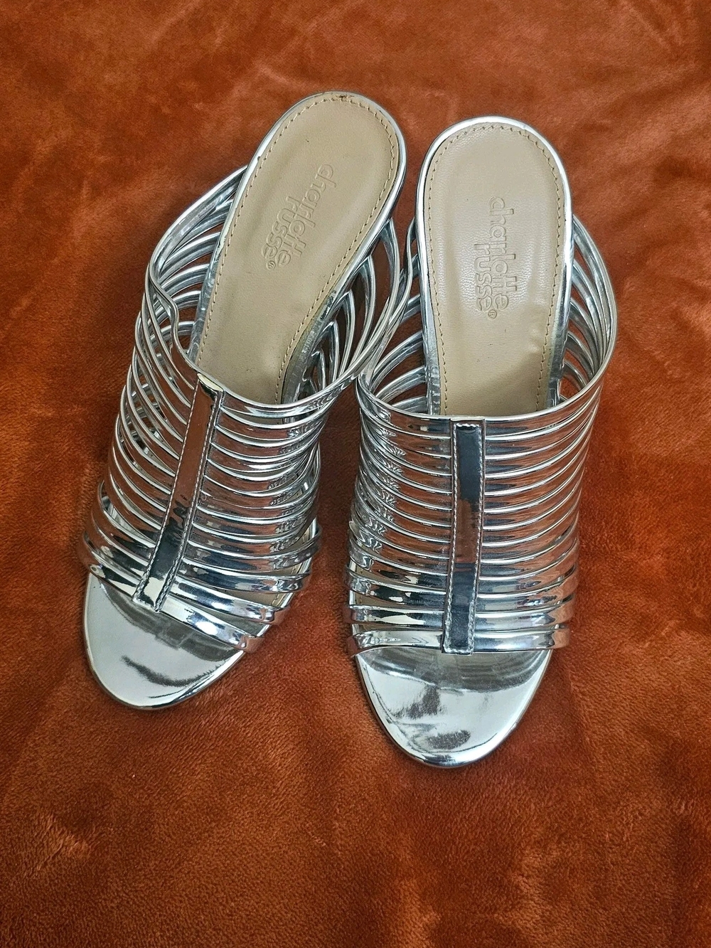 Charlotte Russe Silver Metallic Strappy Slide Mules